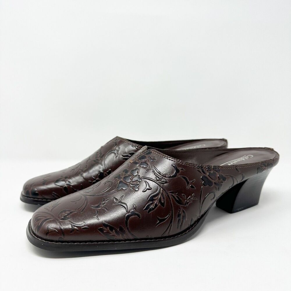 Coldwater Creek Women Mules 9M Brown Floral Embossed Vtg-inspired Made In Brazil - Picture 2 of 13